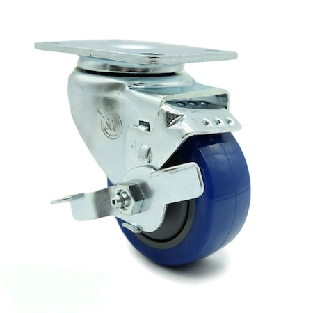 Service Caster 3.5 Inch Blue Polyurethane Wheel Swivel Top Plate Caster with Brake SCC SCC-20S3514-PPUB-BLUE-TLB